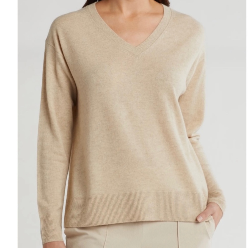 VINCE Wool & Cashmere Blend V Neck Sweater Heather Marzipan SZ L